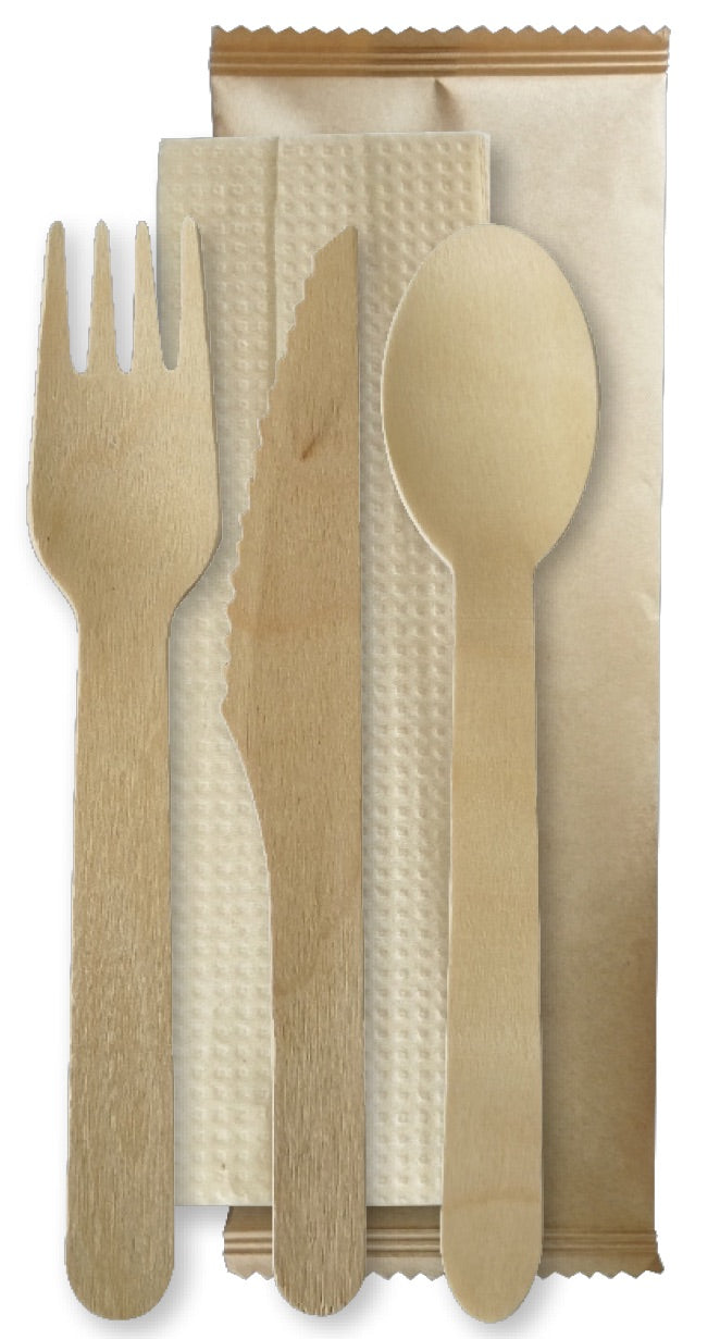 160mm Wooden Fork Knife Spoon and Napkin - Cutlery